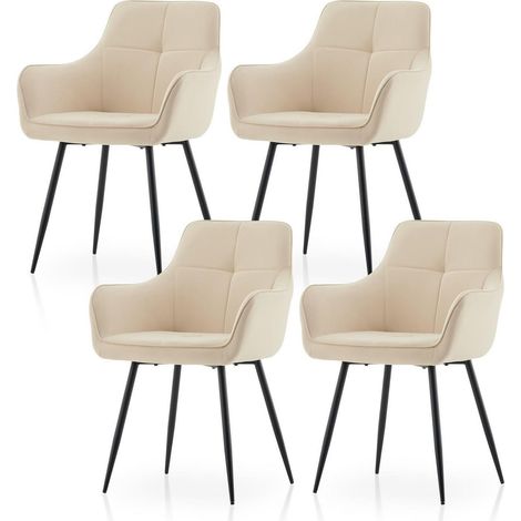 Lot de 4 chaises de salle à manger en velours beige, modernes avec accoudoirs (1/5)
