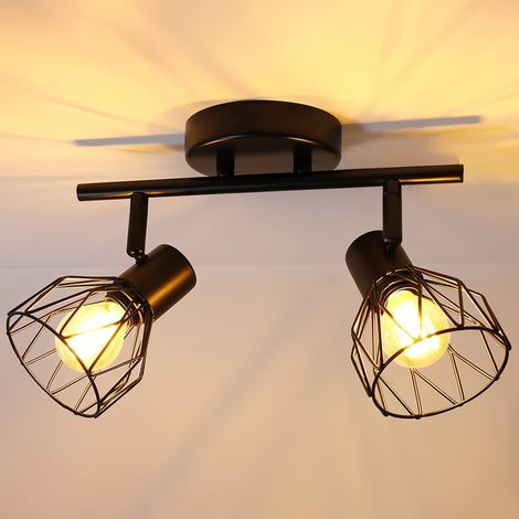 Noir,Plafonnier Industriel 2 Spots LED Orientable E14, Plafonnier 40W Rampe Spot Applique, Cuisine Chambre Salon