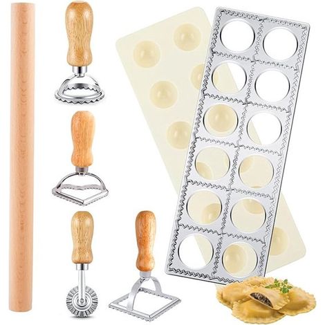 Ensemble de 6 moules à raviolis avec emporte-pièce à 12 trous, 4 emporte-pièces et rouleau à pâtisserie en bois, ensemble de pâtes pour raviolis et boulettes de viande (1/5)
