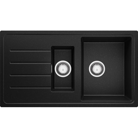PRIMAGRAN Evier Cuisine en Granit 90x50cm, Lavabo 1,5 bacs + Kit de Vidage, Évier à Encastrer au meuble 60cm - Copenhague Duo, Noir Métallisé (1/5)