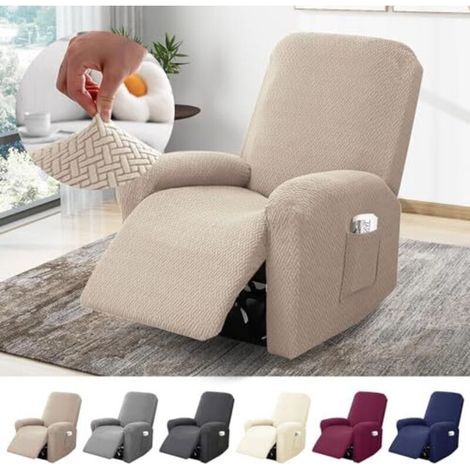 Single-seater armchair cover, stretch cover with pockets, full protection in striped jacquard for TV and recliner armchairs (taupe, set of 4 pieces) (1/4)