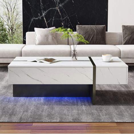 Tavolino da salotto 105x60x35 cm bianco, LED, 3 cassetti, effetto marmo, pannello in legno MEUBLIV (1/5)