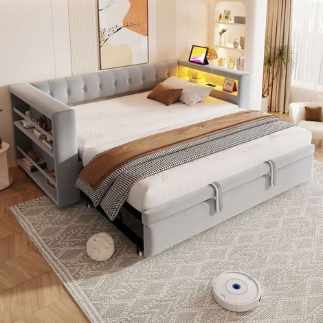 Lit gigogne 90/180x190 cm - avec LED et prises USB - lit 2 places - accoudoir avec rangements, velours doux gris clair (1/5)