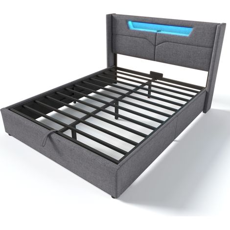 Cama doble con arcón LED 140 x 200 cm gris de lino con puerto USB y USB-C MODENUIT (1/5)
