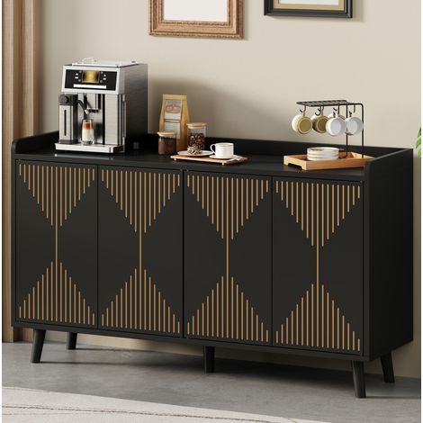 Buffet 4 portes avec étagères réglables, 140 x 40 x 84 cm, MDF noir HAVRYA (1/5)