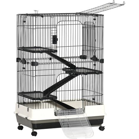 Cage roulante pour petits animaux 3 plaques-formes démontables 3 rampes plateau inférieur amovible métal PP 81,2 x 52,7 x 114 cm noir (1/5)