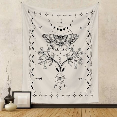 Tapisserie et Papillon De Tarot Phase Lune Tenture Décoration Murale Couverture 100x150cm Noir Blanc (1/5)