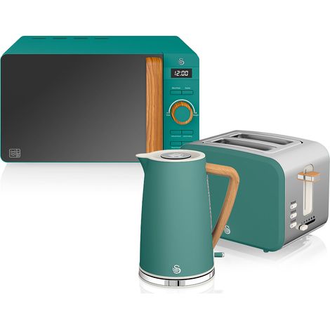 SWAN STRP1060GRENEU Nordic Set Desayuno, Hervidor Agua 1,7L, Tostadora  2 rebanadas, Microondas 20L Digital, Diseño  Verde