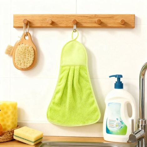 Tbest Serviette à main Serviette sèche-mains suspendue en molleton de corail, absorbante, pour salle de droguerie lavette Verte (1/4)