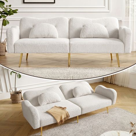 Canapé-lit convertible 2 places avec 3 positions (105°/135°/180°), tissu mélange laine, pieds métal doré, 175x79×82 cm, blanc (1/5)