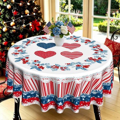 Nappe ronde imprimée en 2D, motif cœur patriotique rouge et bleu, style vintage baies 1 pièce Nappe polyvalente pour les réceptions intérieures et extérieures, jardin (1/4)