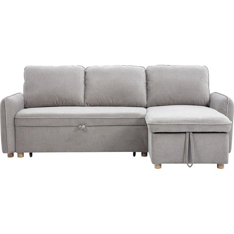 Sofá esquinero convertible reversible con arcón 3 plazas en tejido chenilla gris y madera clara ORSO