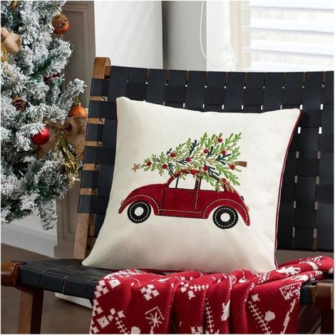 Housse de Coussin brodée de Noël, Motif cerf et Flocon de Neige, 45,7 x 45,7 cm(Car) (1/5)