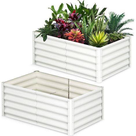Lot de 2 bacs à fleurs en acier, jardinières rectangulaires extensionérieures, gants inclus, fond ouvert, Blanc, 180x90x45cm (1/5)