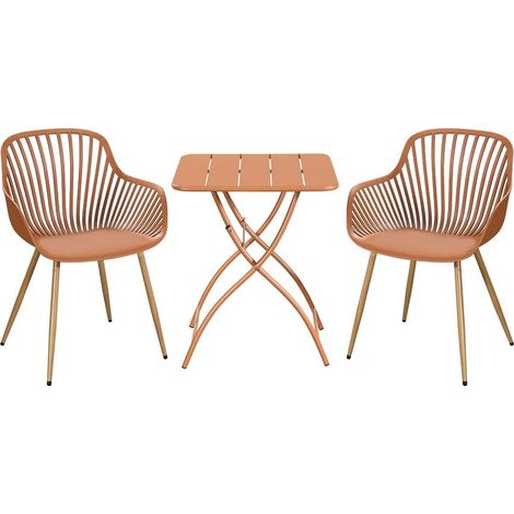 3 Piece Bistro Garden Set with 2 Sunray Armchairs and Square Folding Table - Plastic/Metal - L52 X W58 X H86 cm - Terracotta - Flat Packed