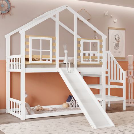 Letto a castello in legno per bambini 90x200cm con scivolo e finestra, letto a soppalco, 1 rete a doghe, senza materasso, bianco (1/5)