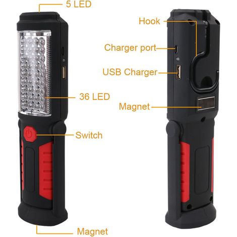 Faro di lavoro di emergenza a 36+5 LED, ricaricabile tramite USB, con supporto magnetico, luce per riparazioni auto, luce di ispezione, torcia elettrica (1/3)