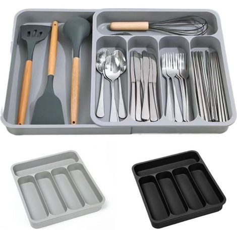 Ausziehbarer Besteckkasten aus Kunststoff, 6 Fächer, anthrazitgrau