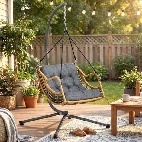 Fauteuil suspendu en résine tressée avec support, chaise suspendue, coussin, attache de sécurité, hauteur réglable, gris (1/5)