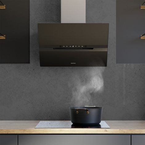 Hotte pyramidale Bolero Flux PM 906500 Inox A de 90 cm de large, finition inox, aspiration 650 m3/h, Moteur 165 W, Classe A, commande mécanique, 3 niveaux de puissance, lumière et filtre à charbon.