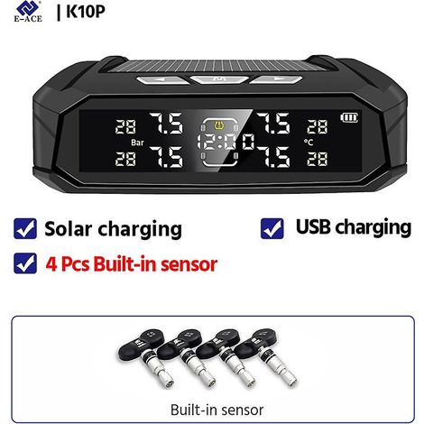 E-ace Accesorios Para Vehculos TPMS Sensor 8 Bar Smart System For Cars Truck With Intelligent System Solar Power Lc Display ( K10P-Internal Sensor ) (1/5)