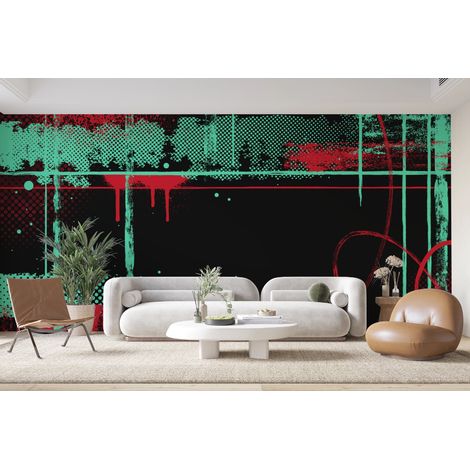 Papier peint graffiti - texture urbaine verte et rouge - 150 x 250 cm (1/2)
