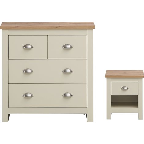 2 Piece Cream Bedroom Set Chest Of Drawers & Bedside Table Storage Oak Modern (1/5)