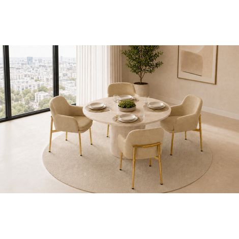 Set di 4 sedie da pranzo moderne imbottite con braccioli, poliestere e gambe in ferro beige (1/5)