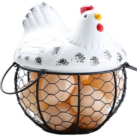 Panier à Œufs en Métal avec Poule en Céramique, Style Rustique (1/4)