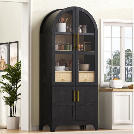 Buffet haut 76 x 40 x 180 cm avec tiroir, étagères réglables et portes en verre strié, meuble de rangement - noir (1/5)