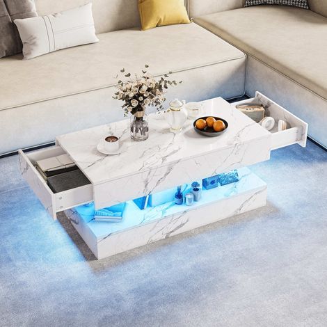 Table Basse Rectangulaire Effet Marbre Blanc Brillant LED RGB, 2 Tiroirs Coulissants, 4 Espaces de Rangement, Commande APP et Bouton (1/5)