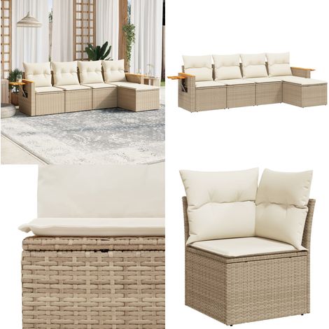 5-tlg. Garten-Sofagarnitur mit Kissen Beige Poly Rattan - Gartenmöbel - Outdoor Möbel - Rattan Gartenmöbel - Lounge Set - Gartenlounge - Home & Living (1/5)