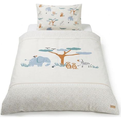 Linge de Lit Enfant Savanna Friends – Housse de Couette 100 x 135 cm + Taie d’Oreiller 40 x 60 cm – Parure de Lit 2 Pièces en Coton – Beige/Blanc (1/5)