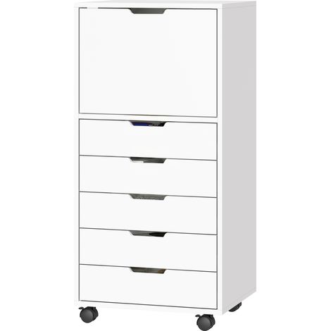 Classeur de bureau à 5 tiroirs, roulettes, tiroirs à fermeture amortie et support pour imprimante - Blanc (1/5)