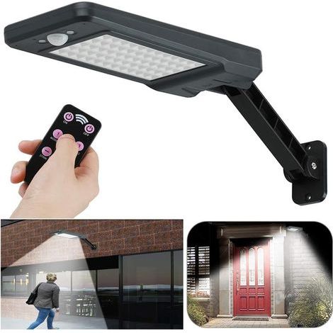 Projecteur solaire extérieur étanche IP65 à 60 LED (7 W), noir, avec support réglable et télécommande, 3 modes d'éclairage, détecteur de mouvement à 180° pour jardin, garage, cour, escaliers. (1/5)