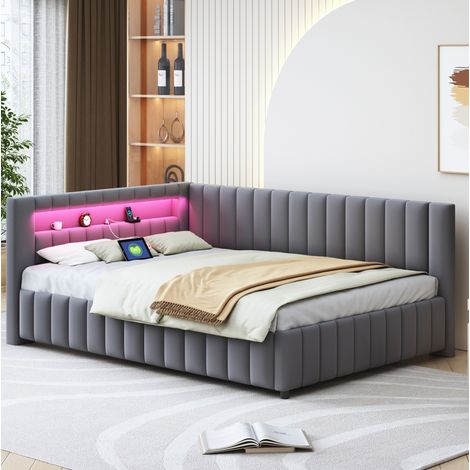 Schlafsofa Samtstoff Grau 140x200 cm, L-förmig, mit LED-Beleuchtung, USB-Anschluss und Lattenrost (1/5)