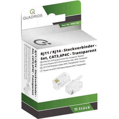 JUEGO DE CONECTORES MODULARES, NÚMERO DE P LES 6P4C - S NO CIEGAS, 15 UDS. QUADRIOS 1906C162 RJ11 M LE, RECTO 15 UDS.