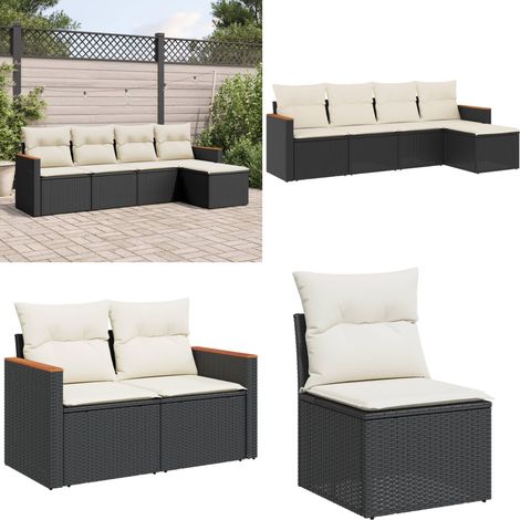 5-tlg. Garten-Sofagarnitur mit Kissen Schwarz Poly Rattan - Gartensofas - Outdoor-Möbel - Gartenmöbelset - Rattanmöbel - Polyethylen Furniture - Home & Living (1/5)