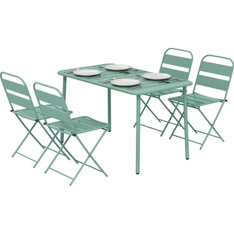 Ensemble de salle à manger extérieur 5 pièces, jardin 4 personnes, plateau à lattes et chaises pliantes, vert clair (1/5)