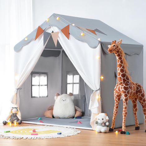 Tente Enfant 2 en1, Cabane Enfant Intérieure avec Tapis Rembourré, Drapeaux, Tente de Jeu pour Enfants Princesse, Idéal pour la Décoration de Chambre d'enfants et Fête (Gris) (1/5)