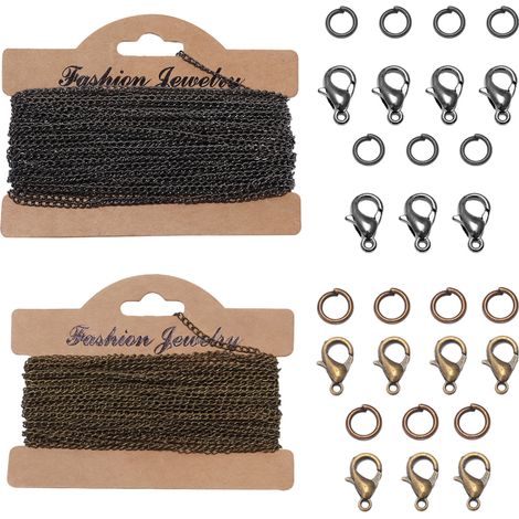Chaînes de 2 x 3 mm avec 14 fermoirs mousquetons et 14 anneaux de jonction, idéales pour la création de colliers, bracelets et boucles d'oreilles en DIY (bijoux). (1/5)