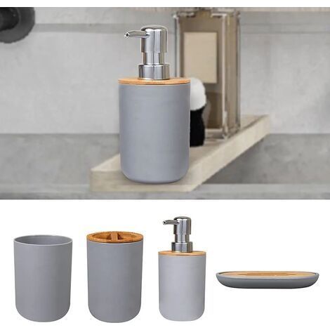 Ensemble d'accessoires de salle de bain, ensemble de 4 pièces durable, ensemble d'accessoires de salle de bain avec distributeur de savon, porte-brosse à dents, gobelet, porte-savon (gris) (1/5)