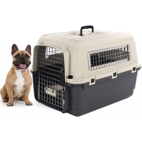 Cage pour Chien - Cage de Transport Chien - Gris foncé - M 53 x 67 x 47 cm - Plastique Robuste - Porte métallique - verrou de sécurité - poignée - gamelle Amovible (1/3)
