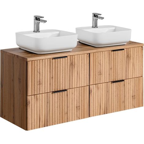 Badmöbel Waschtisch mit 120 cm Unterschrank Set Wotaneiche gerillt ADELAIDE-56 2x 40 cm Keramik-Waschbecken, B/H/T 120,6/73,2/46,5 cm (1/5)