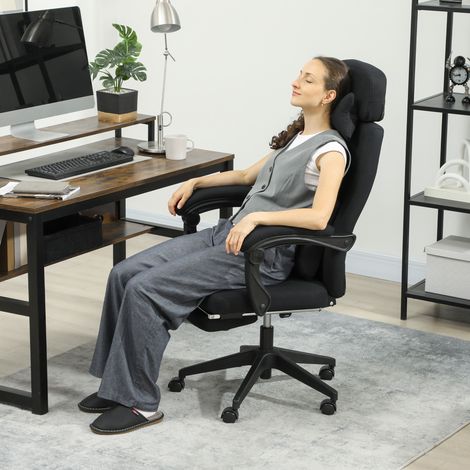 Bürostuhl, hoher Komfort, verstellbare Rückenlehne, Fußstütze, 360°-Rollen, Leinenbezug, 62 x 68 x 127 cm, schwarz (1/5)