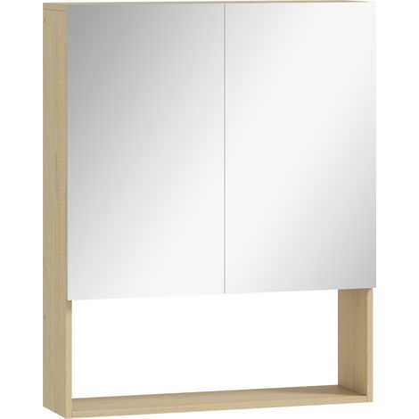 Mueble de baño con puertas espejo, estante abierto, montaje mural, roble (1/5)