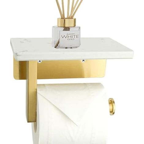 Porte-papier toilette avec étagère, porte-rouleau de papier toilette en or marbre blanc, en acier inoxydable brossé, montage mural pour cuisine et salle de bain (or) (1/4)