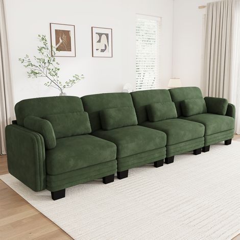 Sofá recto modular de 4 plazas en chenilla verde 330 x 88 x 88 cm con cojines REDOM (1/5)