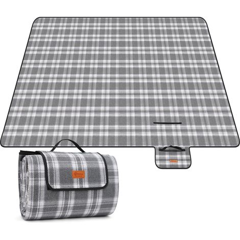 Sekey 200x200 cm Picknickdecke Wasserdicht Campingdecke Strandmatte, Grau-weiß kariert