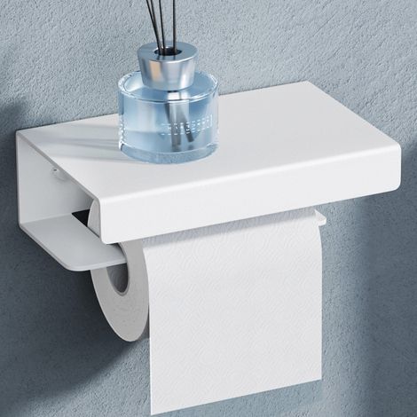 doporro Support de Rouleau en Alliage d'Aluminium Porte-Papier Toilette Dérouleur Mural avec Étagère pour Rangement WC Blanc Sablé 200×130×65 MM Lino-05